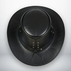 Top view of structured black leather outback hat with wide brim