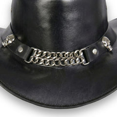 Close-up of chain hatband and skull accents on men's black leather hat