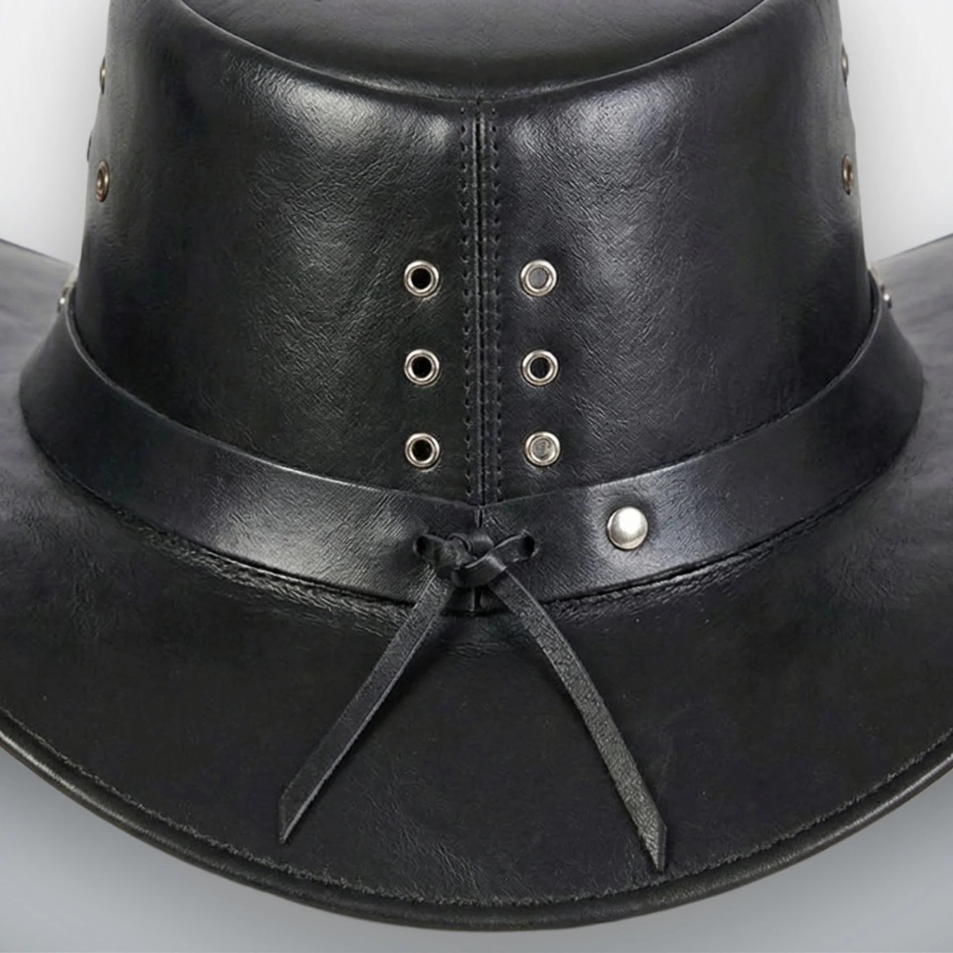 Close-up of rear eyelets and leather tie on black leather outback hat
