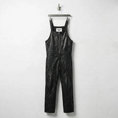 Front view of men's black leather overalls with zip chest pockets by Leather Unit