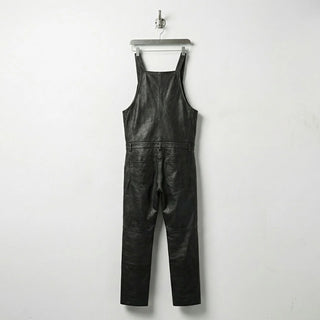 Back view of men's black leather bib overalls showing straight legs and back pockets