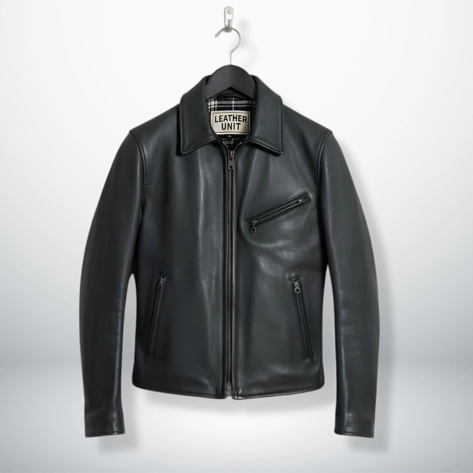 front view of men's black leather rider jacket with shirt collar and zip pockets.