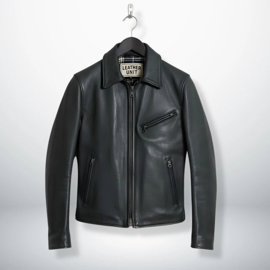 front view of men's black leather rider jacket with shirt collar and zip pockets.