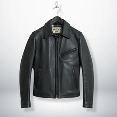 front view of men's black leather rider jacket with shirt collar and zip pockets.