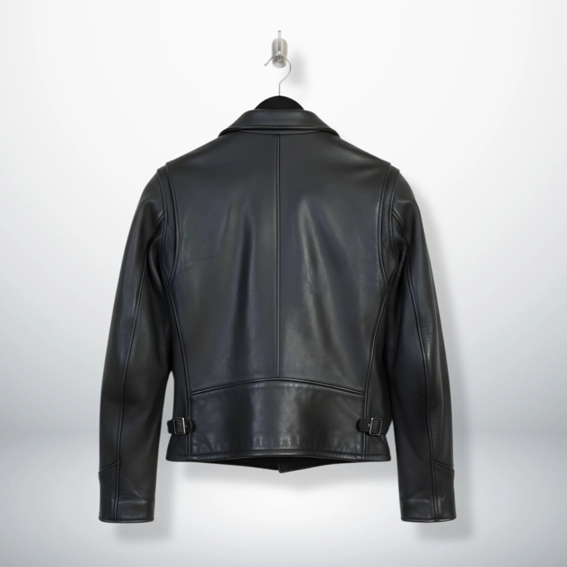 back view of men's black leather rider jacket with side buckle adjusters.
