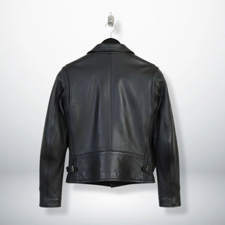 back view of men's black leather rider jacket with side buckle adjusters.