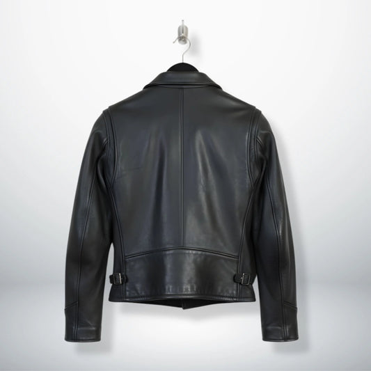 back view of men's black leather rider jacket with side buckle adjusters.