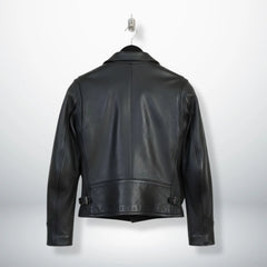 back view of men's black leather rider jacket with side buckle adjusters.