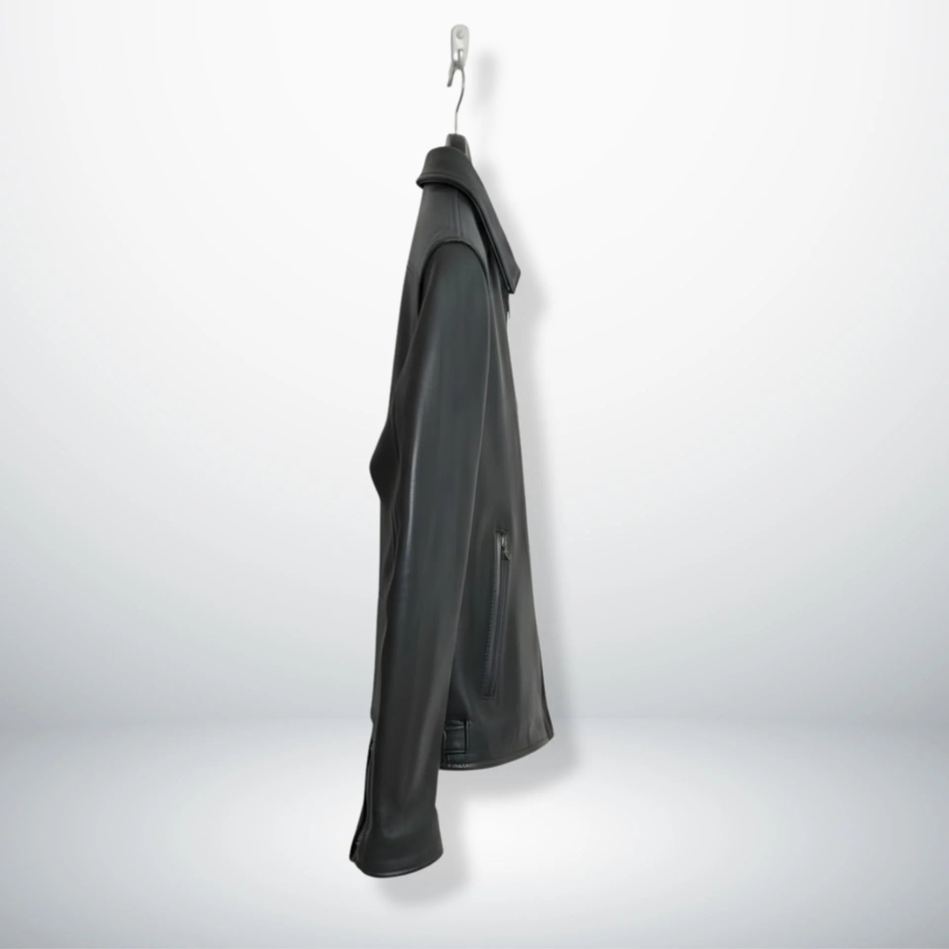 side profile of men's black leather rider jacket with zipper pocket.