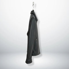 side profile of men's black leather rider jacket with zipper pocket.