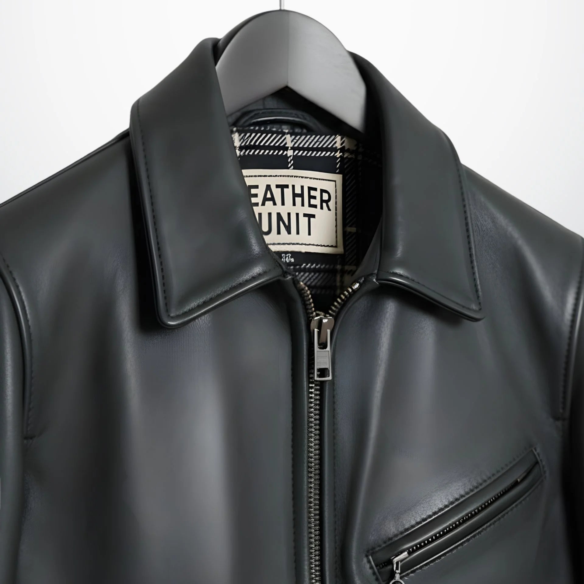 close up of collar and zipper on men's black leather rider jacket by Leather Unit.