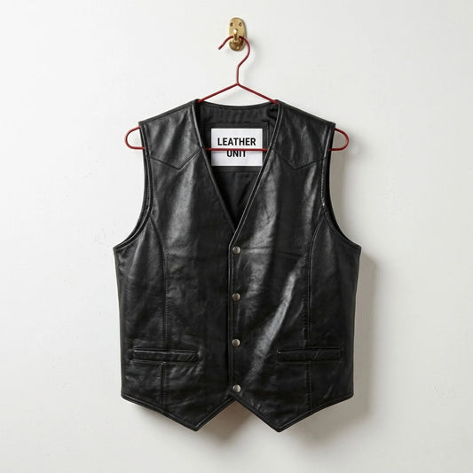 Front view of men's black leather western vest with snap closure by Leather Unit
