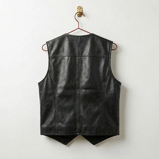 Back of men's black leather western vest showing clean seams and pointed hem