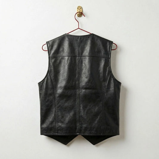 Back of men's black leather western vest showing clean seams and pointed hem