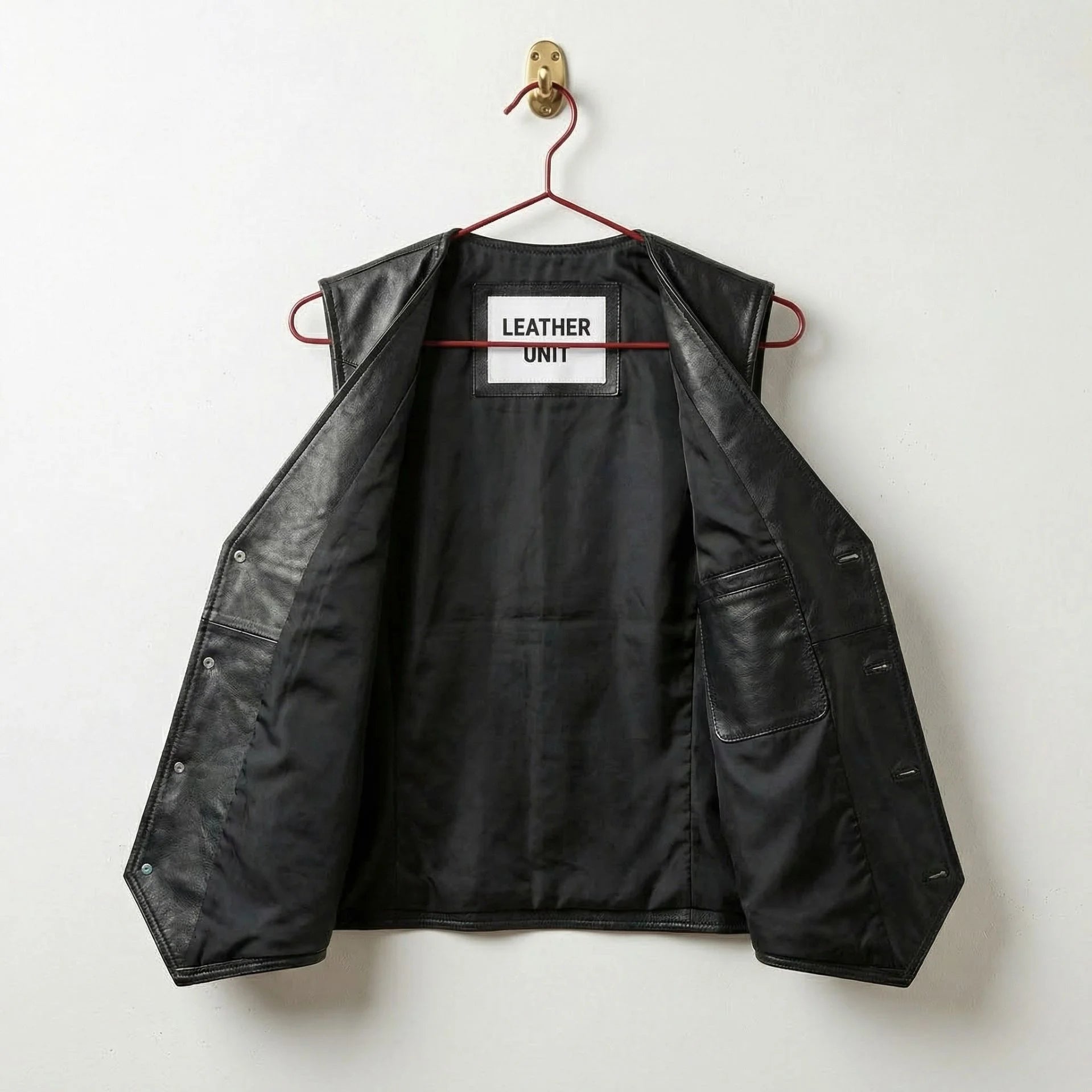 Interior of men's black leather vest with full black lining and inside pocket