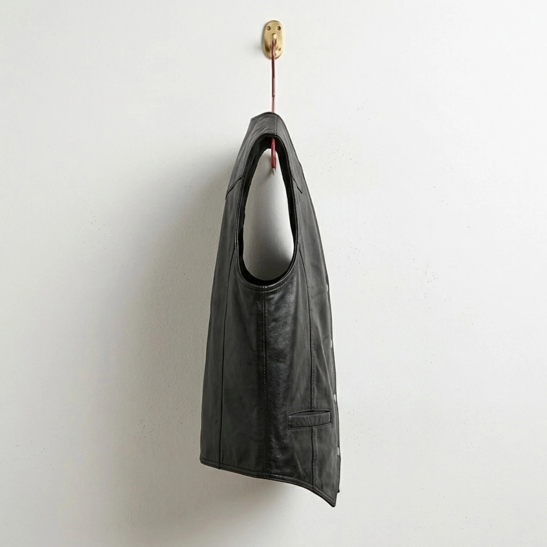 Side profile of men's black leather cowboy vest with tailored fit