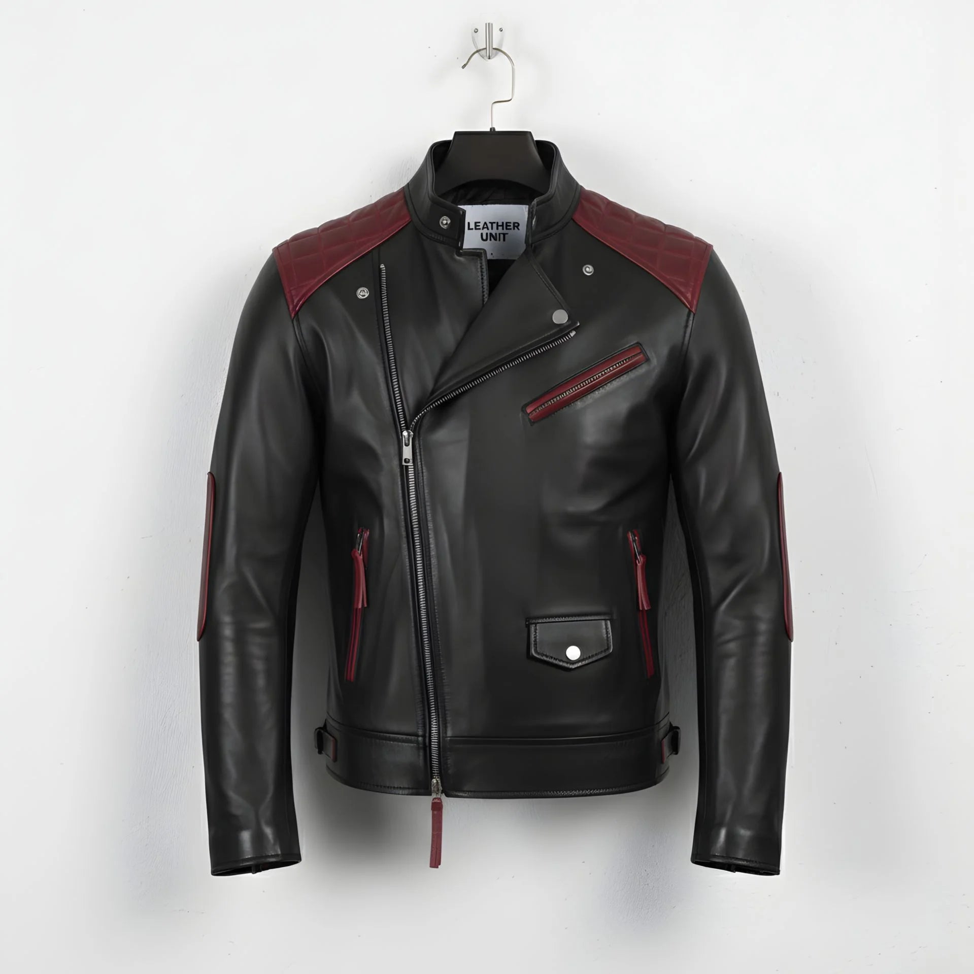 front view of men's black and maroon biker leather jacket with quilted shoulders.