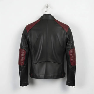back of men's black and maroon motorcycle leather jacket with quilted elbow patches.