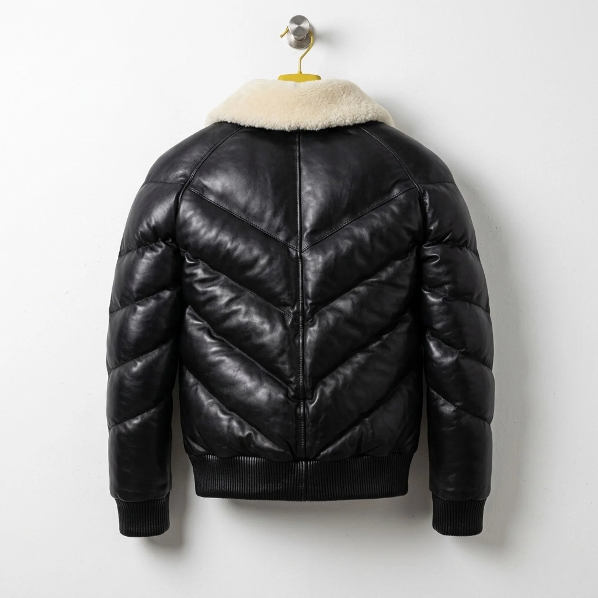 Back view of Black Puffer Leather Jacket with Chevron Quilting - Leather Unit