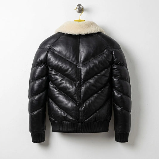 Back view of Black Puffer Leather Jacket with Chevron Quilting - Leather Unit