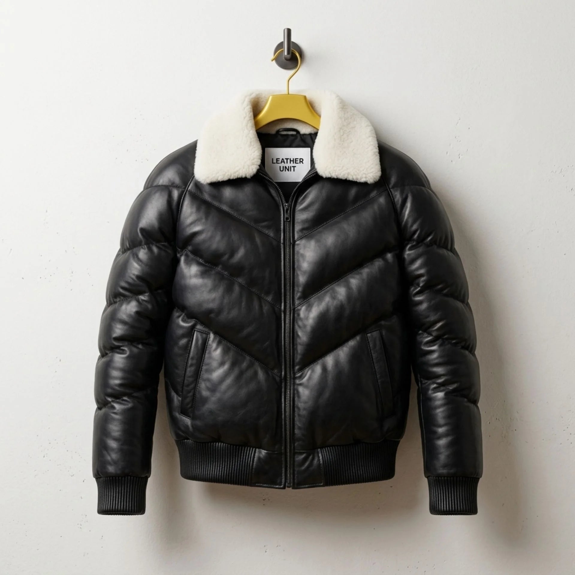 Men's Black Puffer Leather Jacket with Fur Collar front view - Genuine Leather by Leather Unit