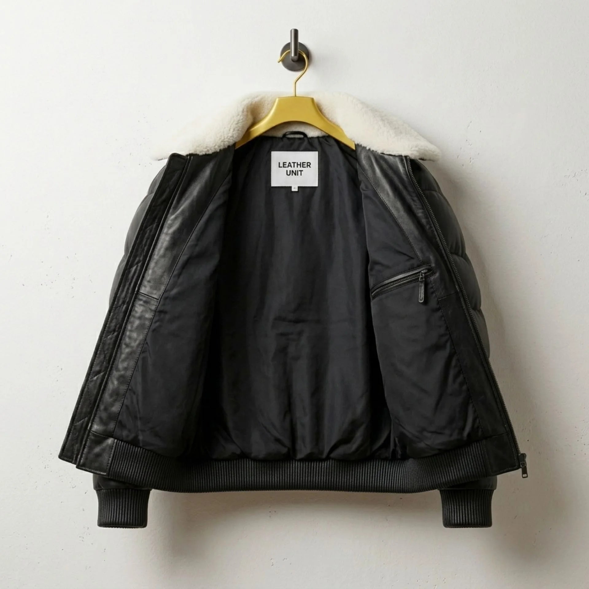 Interior view of Black Leather Puffer Jacket with premium lining and Leather Unit tag
