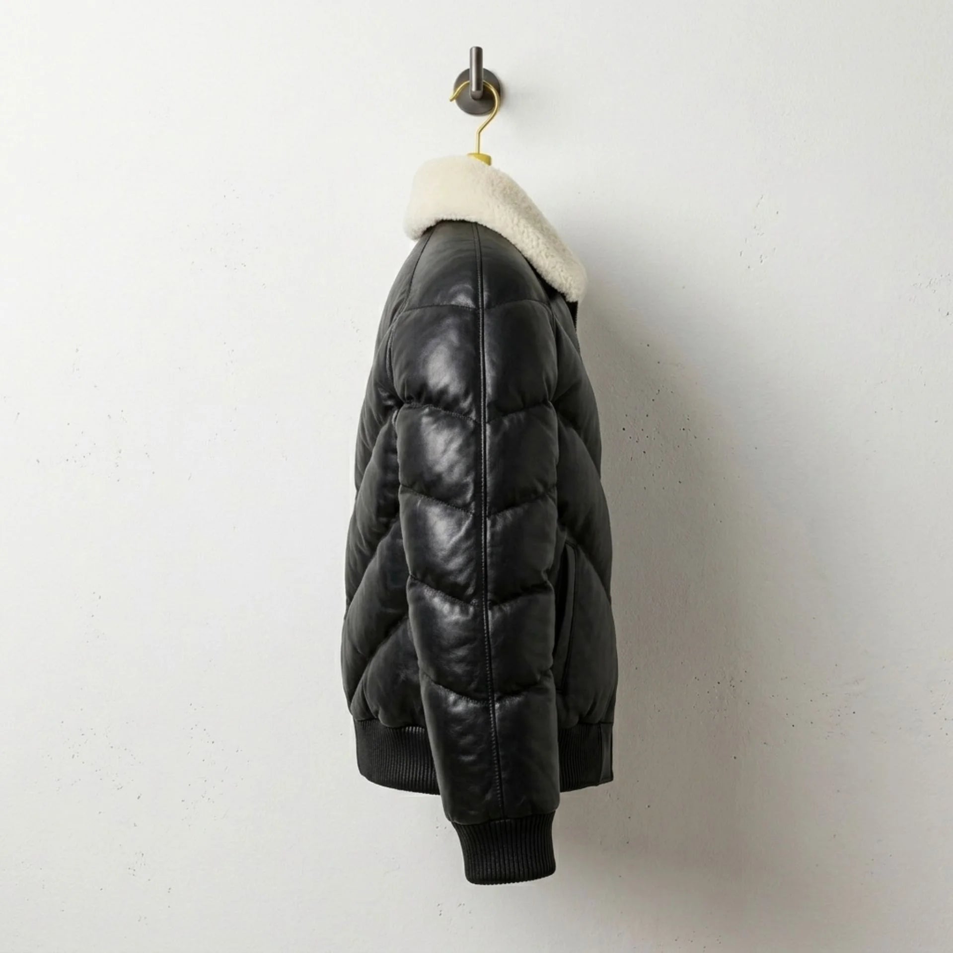 Side profile of Men's Black Puffer Leather Jacket with Shearling Collar