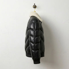 Side profile of Men's Black Puffer Leather Jacket with Shearling Collar