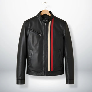 Front view of men's black genuine leather moto jacket with red and beige racing stripes.