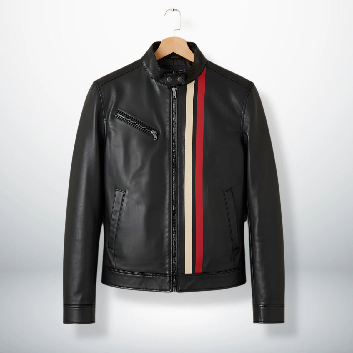 Front view of men's black genuine leather moto jacket with red and beige racing stripes.