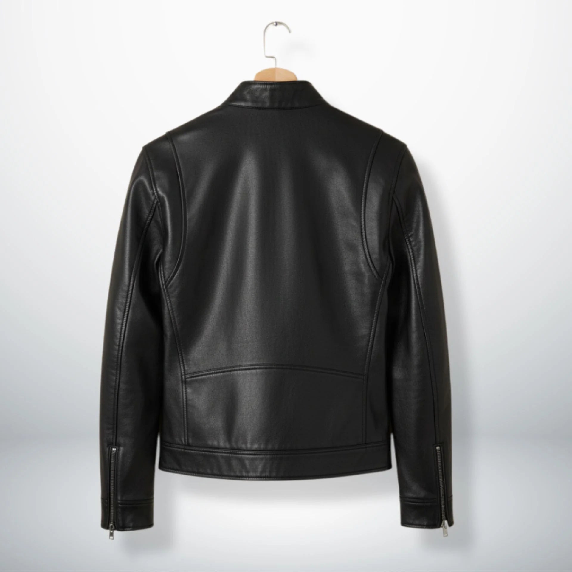 Back view of men's black leather biker jacket with clean paneled design.
