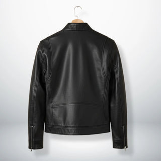 Back view of men's black leather biker jacket with clean paneled design.
