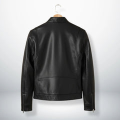 Back view of men's black leather biker jacket with clean paneled design.