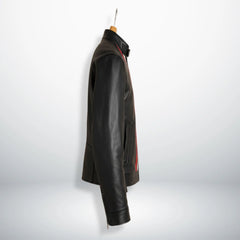 Side view of men's black leather motorcycle jacket with slim tailored fit.