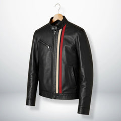 Angled front view of men's black racing stripe leather jacket with stand collar and front zipper.