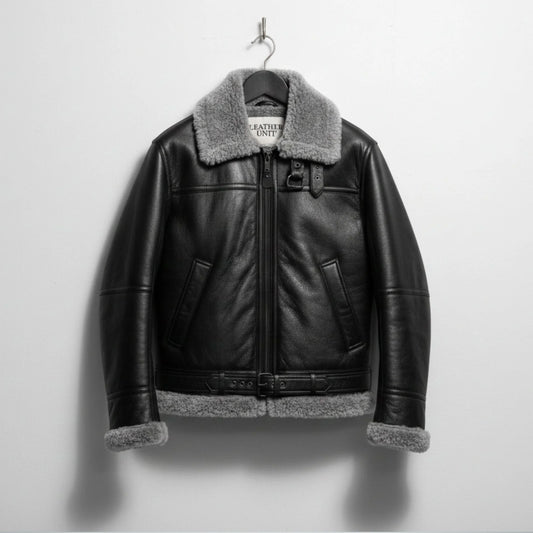front view mens black shearling aviator leather jacket on hanger by Leather Unit.