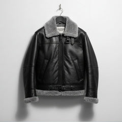 front view mens black shearling aviator leather jacket on hanger by Leather Unit.