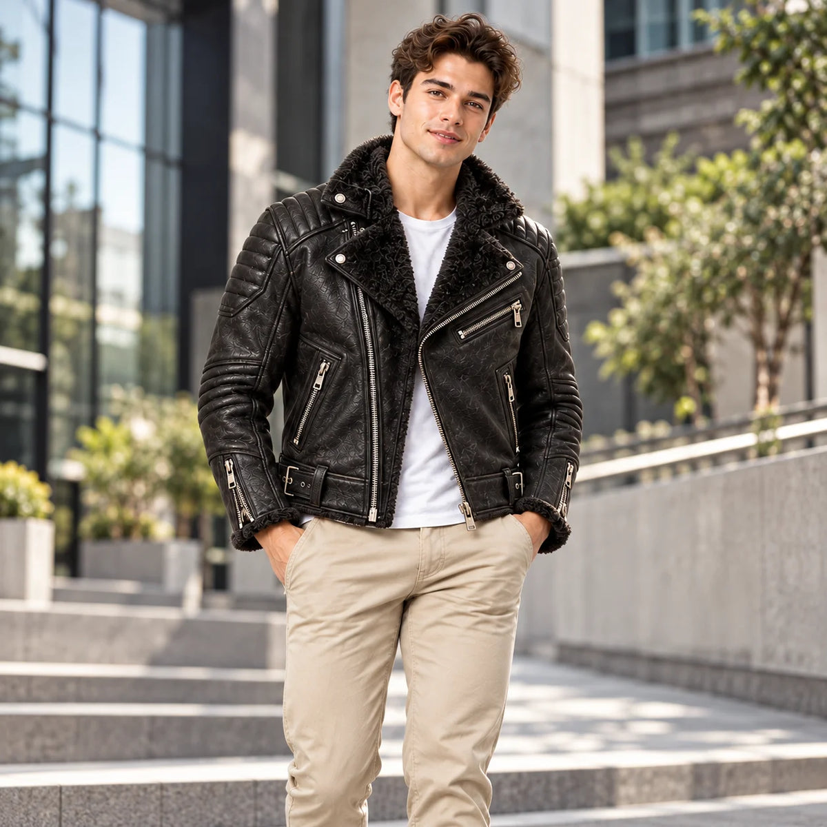 Men wearing black sheepskin leather biker jacket with faux fur collar and quilted shoulders in an urban setting