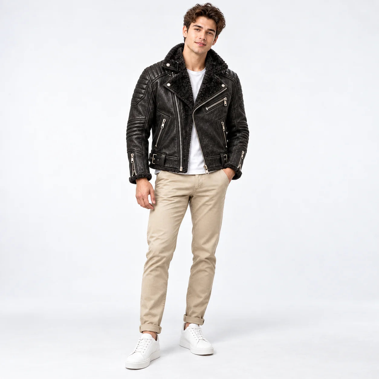 Front model view of obsidian black leather moto jacket with asymmetric zip, fur lapels and waist buckles