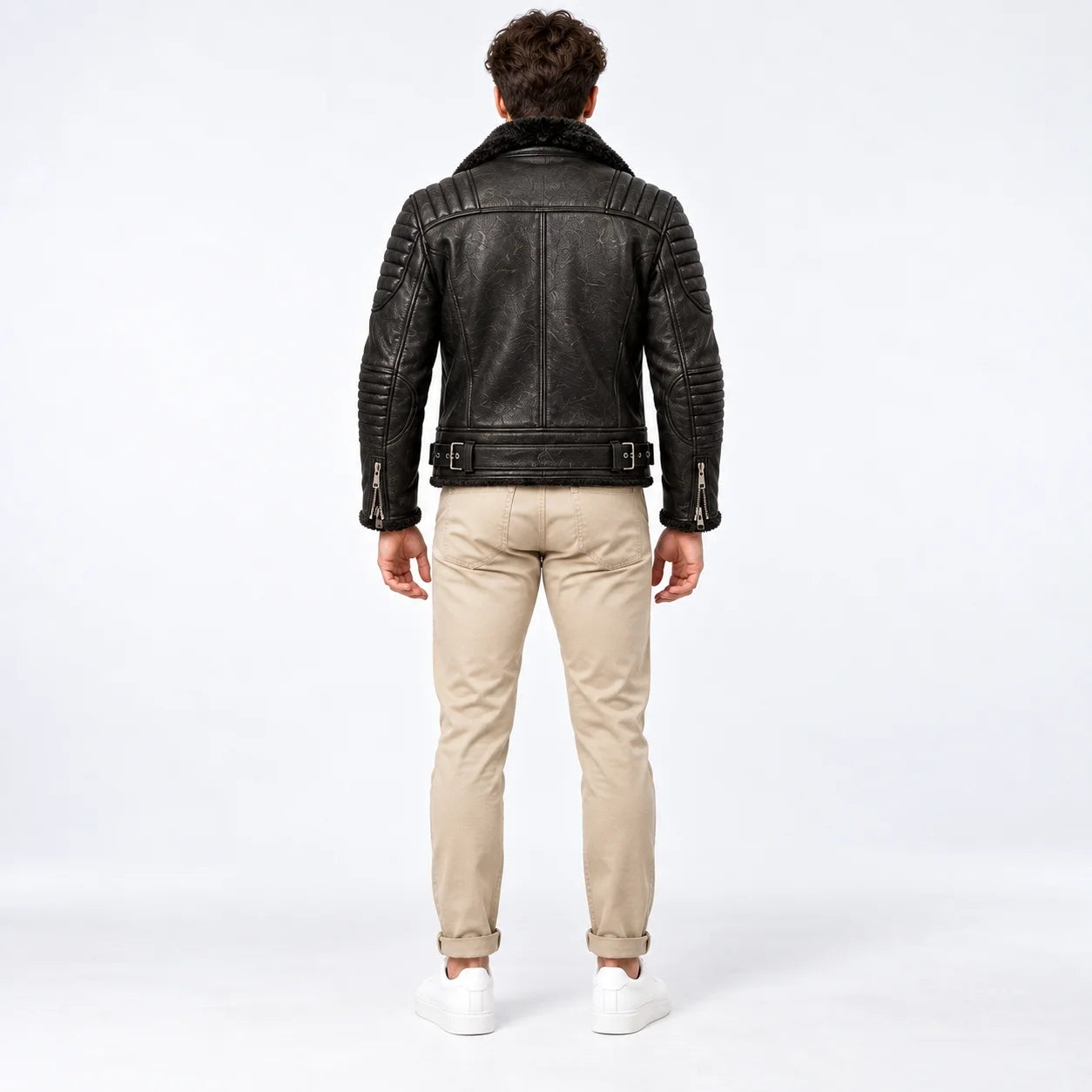Rear model view of men’s black leather biker jacket showing shoulder quilting, back yoke and buckle waist tabs