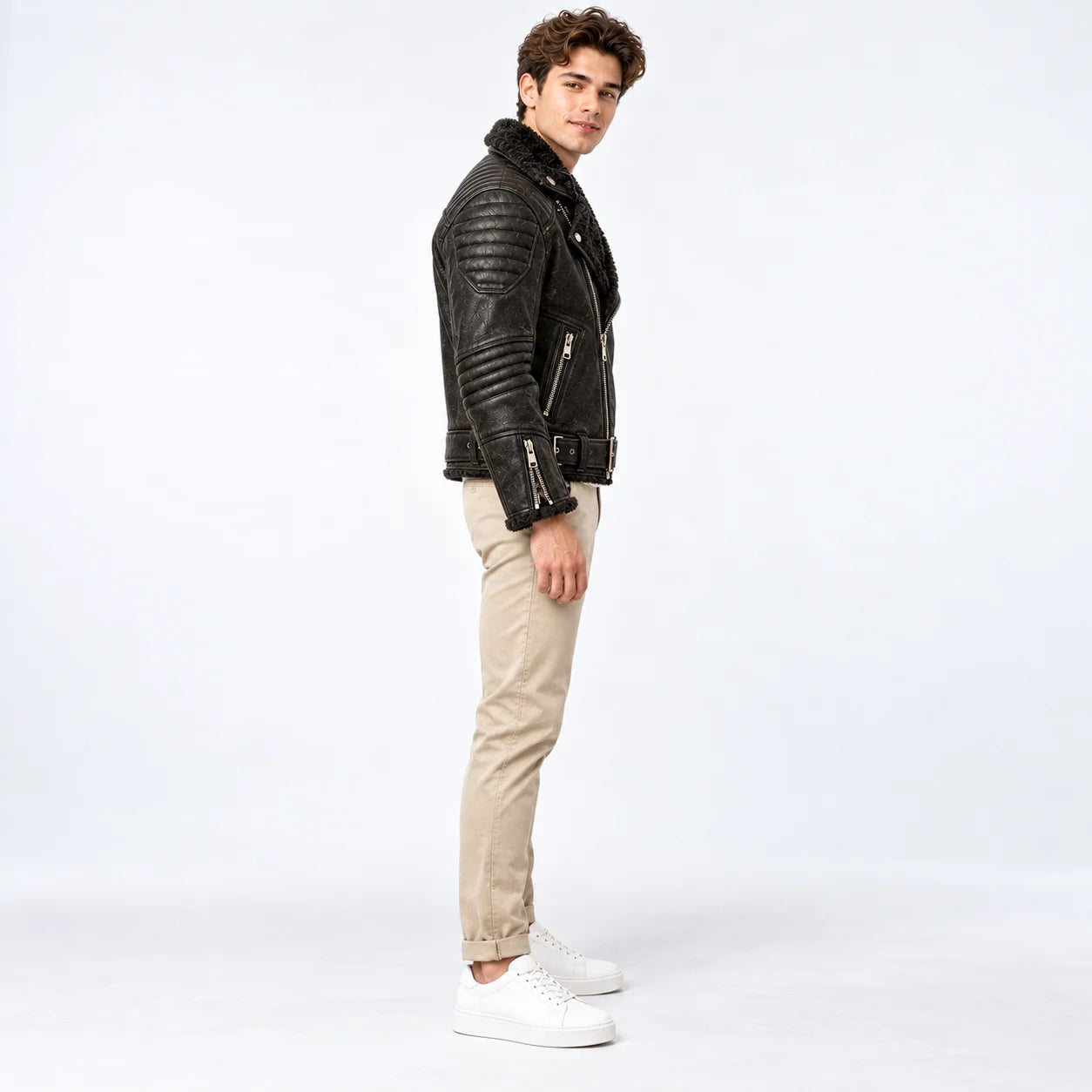 Side profile of black sheepskin moto jacket showing padded shoulder and ribbed sleeve quilting
