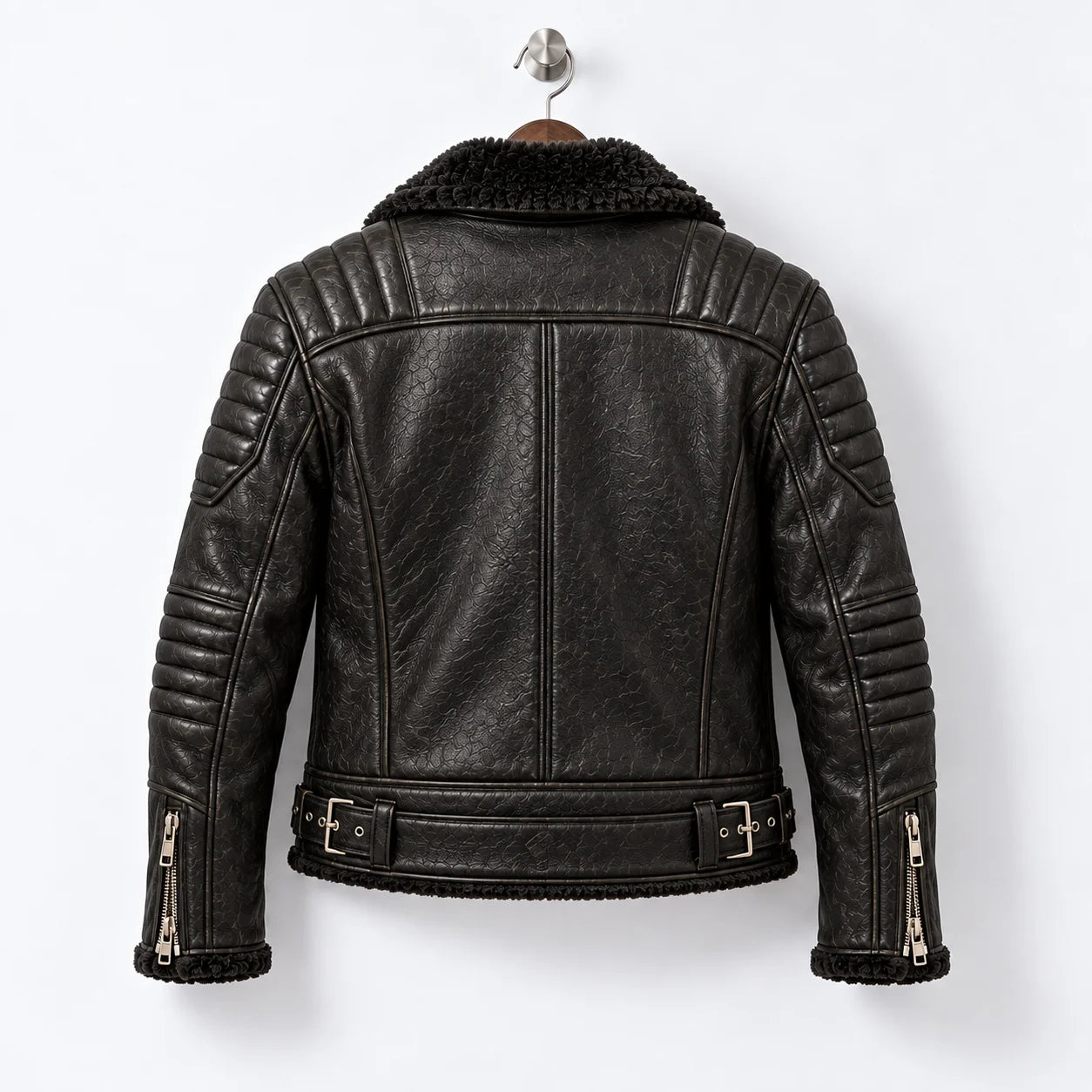 Back hanger view of black leather moto jacket showing quilted shoulders, centre seam and adjustable waist tabs