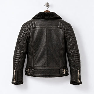 Back hanger view of black leather moto jacket showing quilted shoulders, centre seam and adjustable waist tabs
