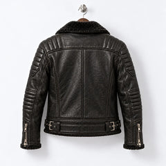 Back hanger view of black leather moto jacket showing quilted shoulders, centre seam and adjustable waist tabs