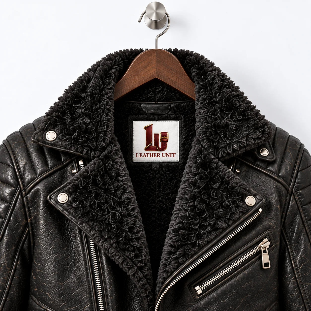 Close-up of black faux fur biker collar, textured sheepskin leather, snap details and metal chest zipper