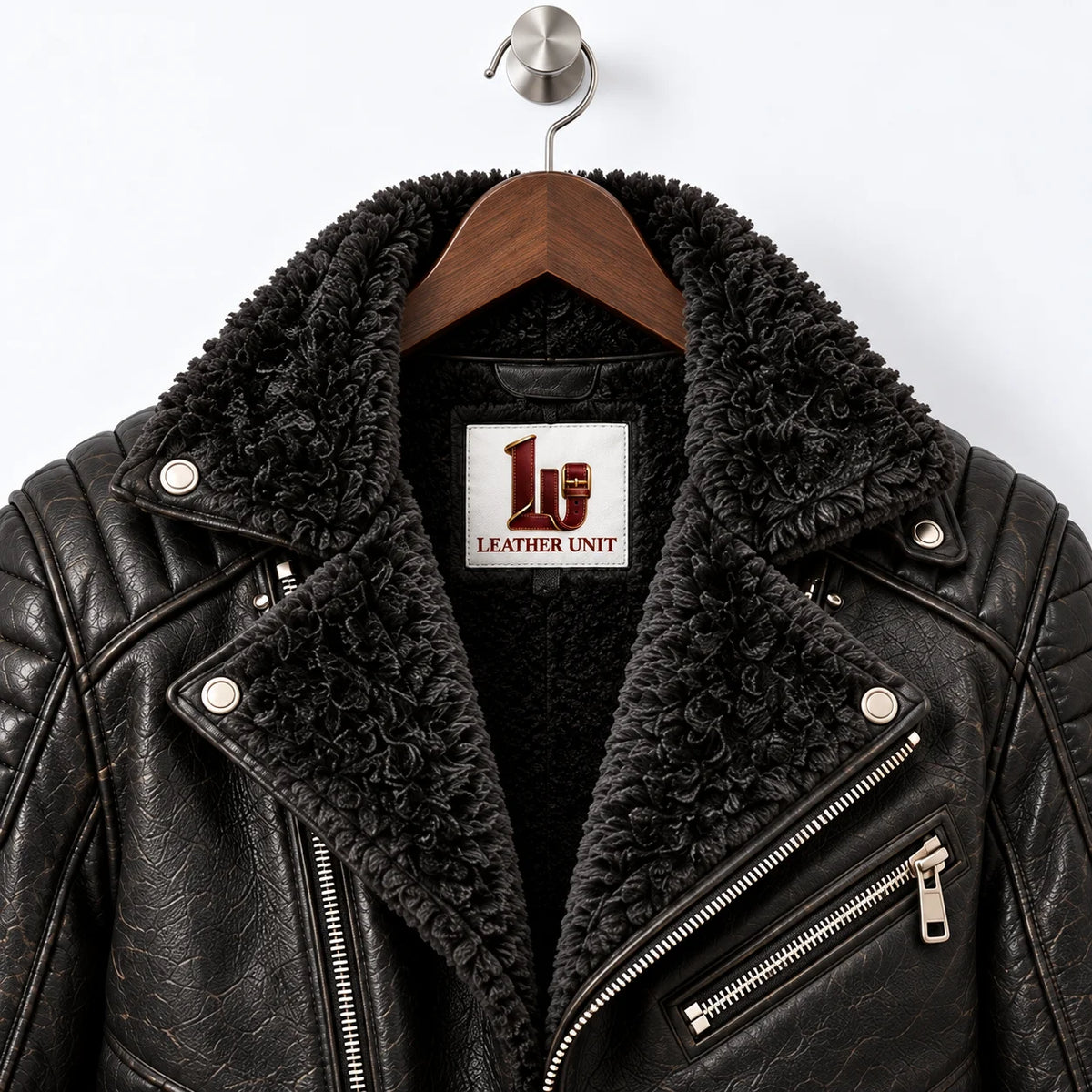 Close-up of black faux fur biker collar, textured sheepskin leather, snap details and metal chest zipper