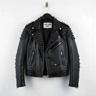 front view of men's black studded leather biker jacket with spikes and zippers.