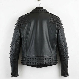 back view of men's black punk studded leather jacket with studded hem and sleeves.
