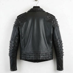 back view of men's black punk studded leather jacket with studded hem and sleeves.