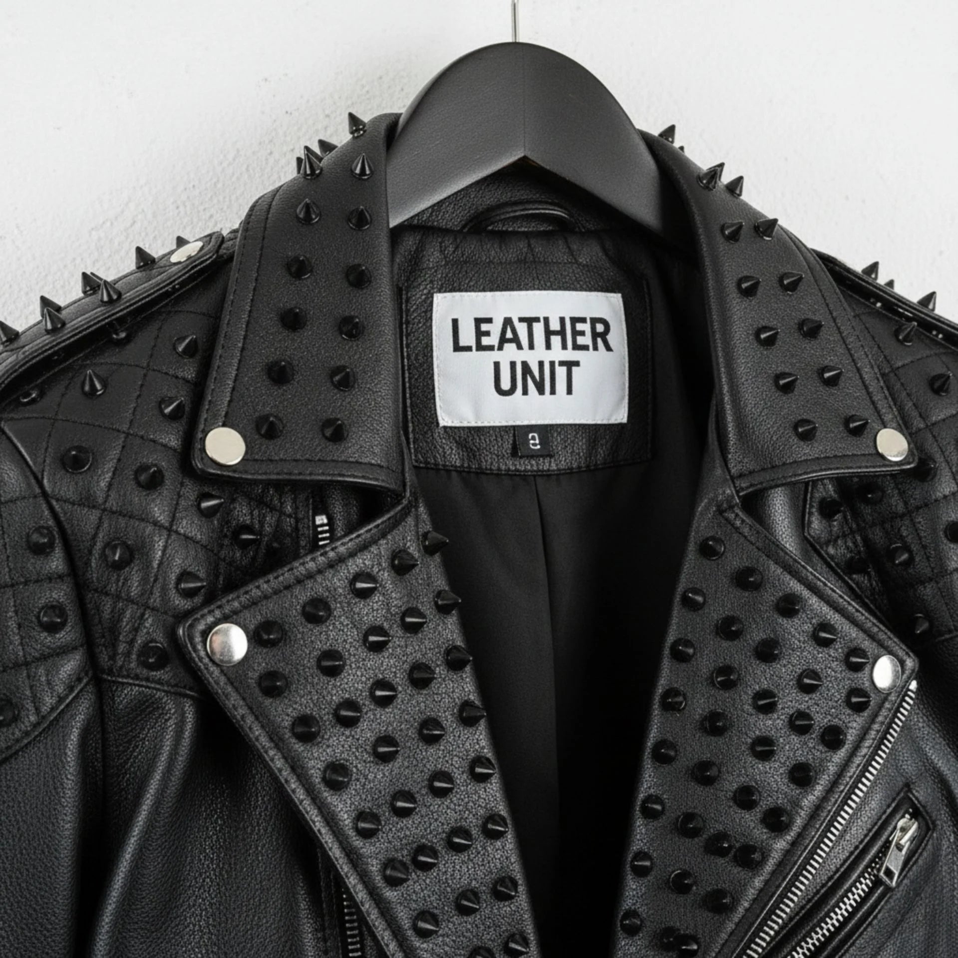 close up of collar and lapel studs on men's black punk leather jacket by Leather Unit.